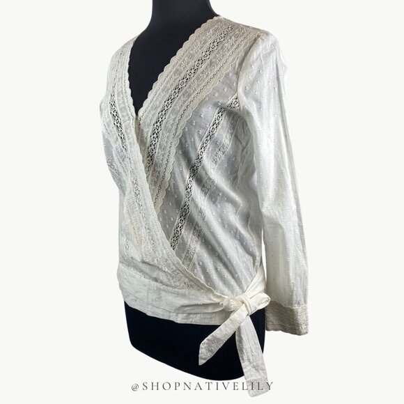 NWT Sézane Alessandra Eyelet Surplice Wrap Long Sleeve Blouse | 38 (6) | White - Picture 11 of 16